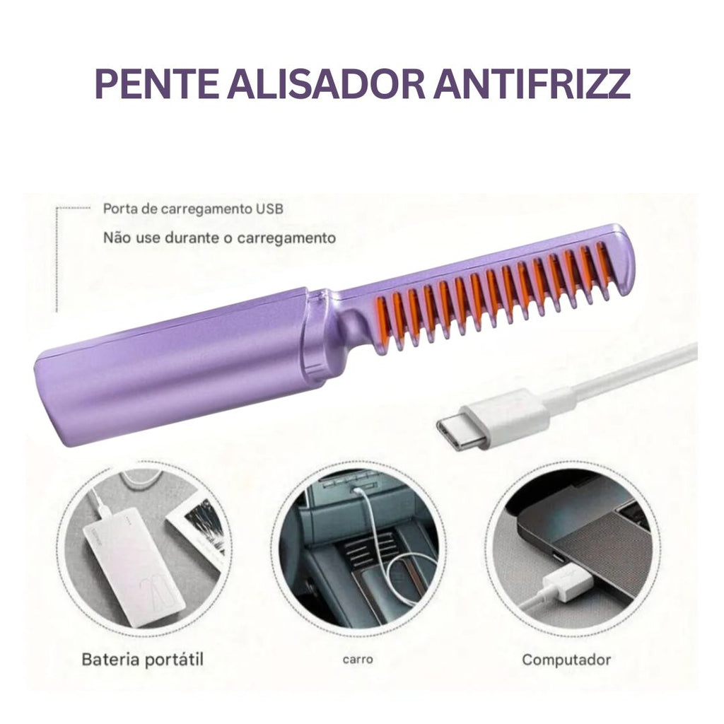 Pente Alisador e Modelador Antifrizz De Bolsa Recarregável Com Aquecimento Rápido